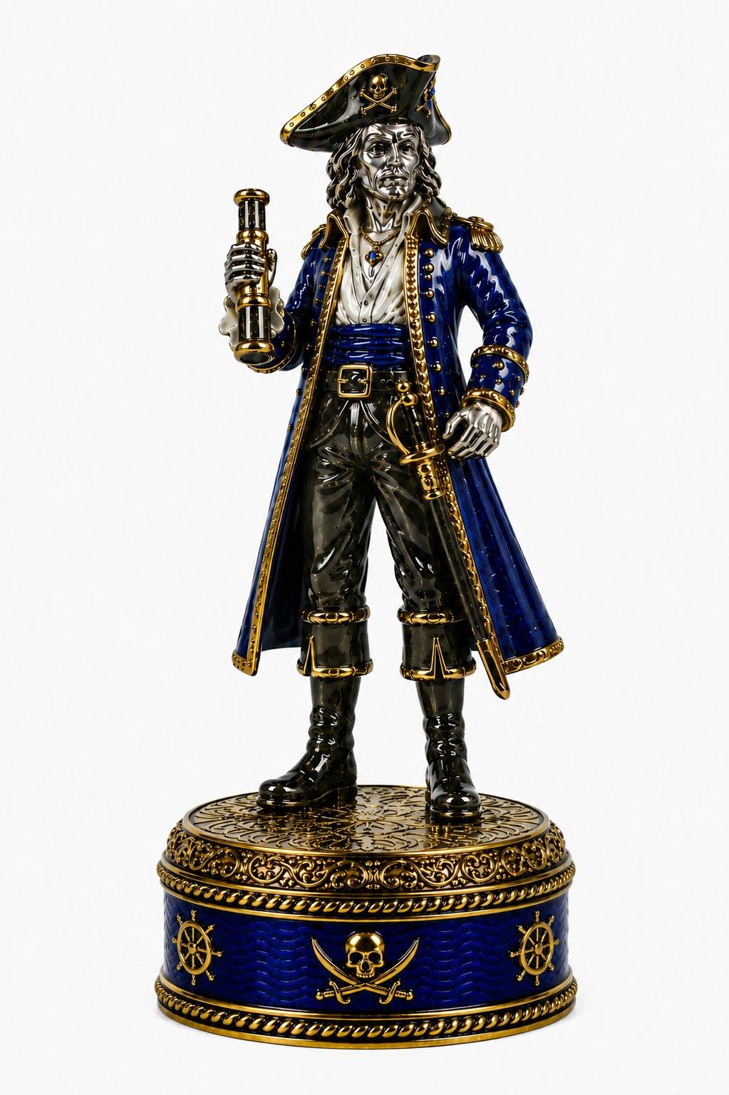 Henry Avery King pirate chess piece in sterling silver with blue enamel and 24K gold details