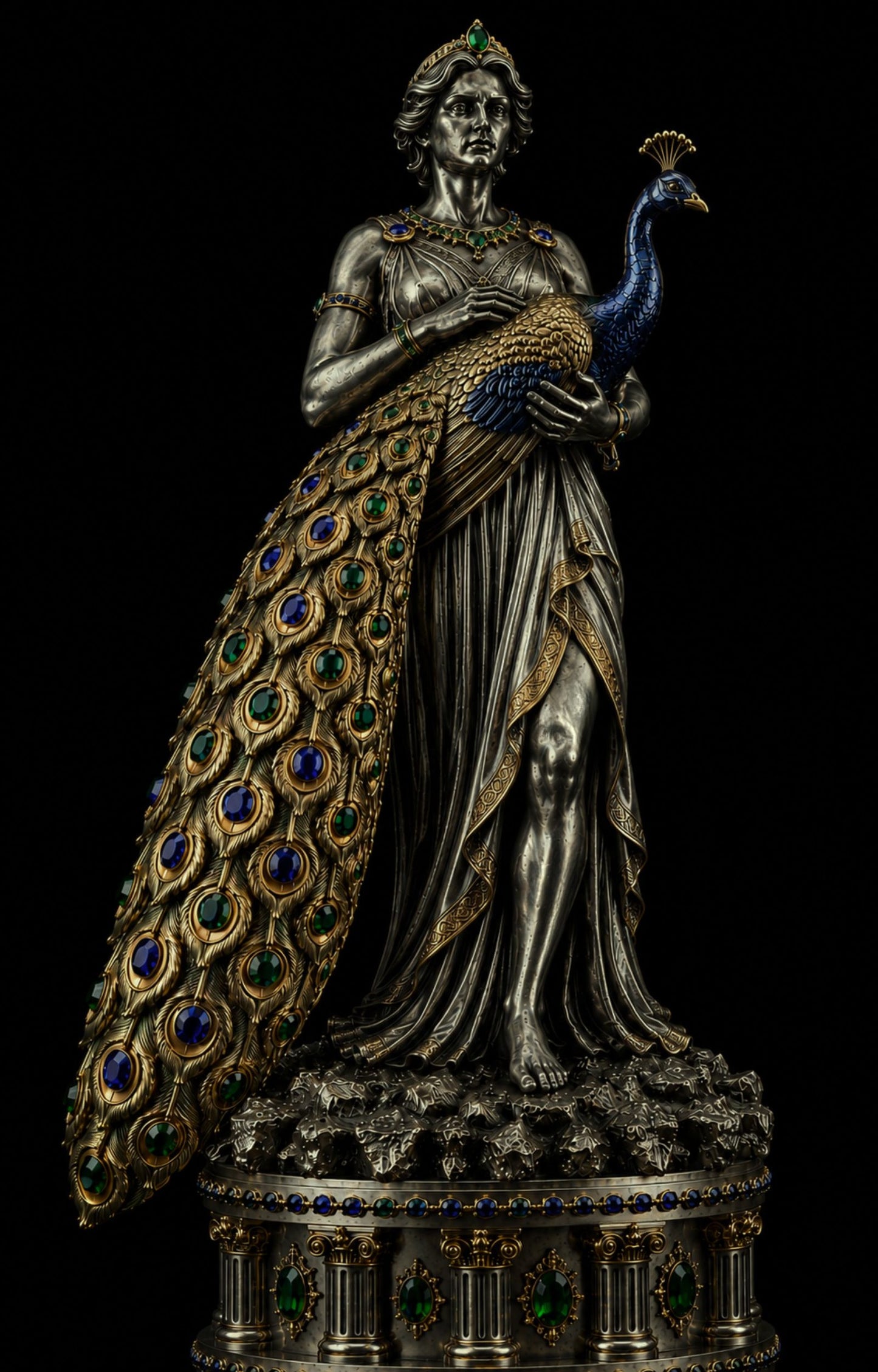 An ornate classical-style statue of a draped female figure holding a peacock, crafted in silver-toned metal with extensive green, blue, and gold jewel accents, set against a solid black background.