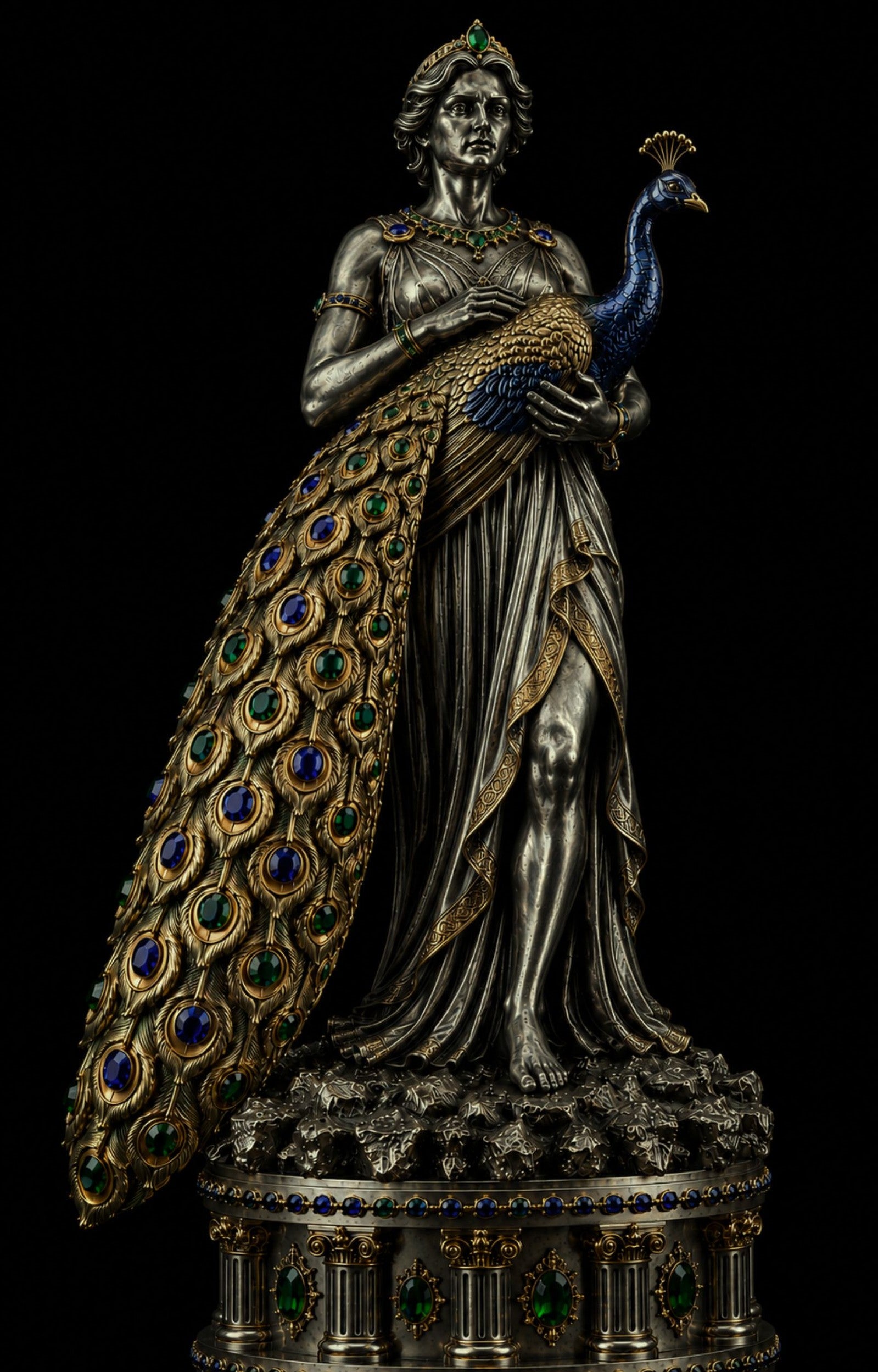 An ornate classical-style statue of a draped female figure holding a peacock, crafted in silver-toned metal with extensive green, blue, and gold jewel accents, set against a solid black background.