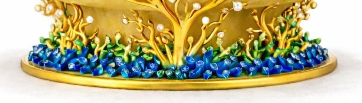 Enamel coral reef base in blue and green with gold vermeil structure beneath yellow jade decorative bowl
