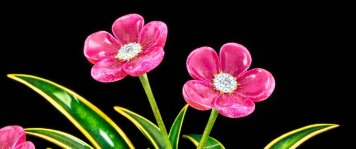 Detailed view of green hot enamel leaves and pink tourmaline blossoms handcrafted in 18K yellow gold for the Blooming Harmony floral garden brooch.