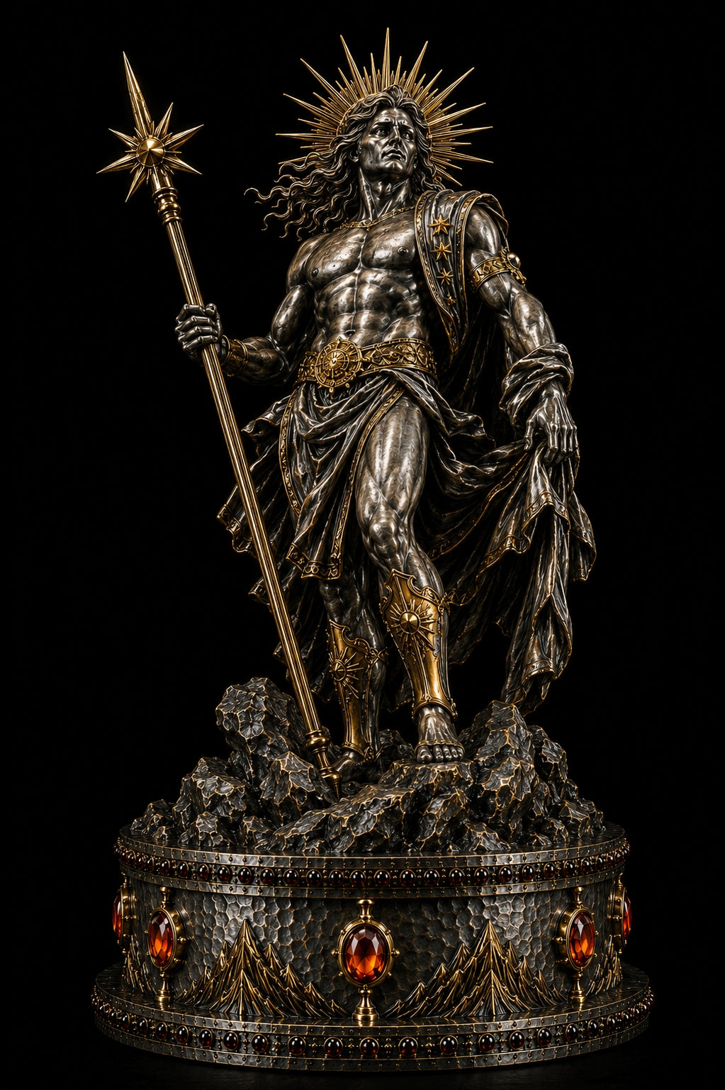A detailed metallic statue of a crowned, radiant male figure standing on a rocky base, holding a spear, with ornate gold and dark metal detailing and red gem accents on a black background.