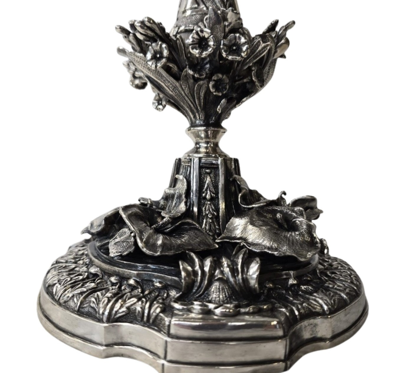 Handcrafted sterling silver base ornament detail candelabra with lilies and botanical motifs