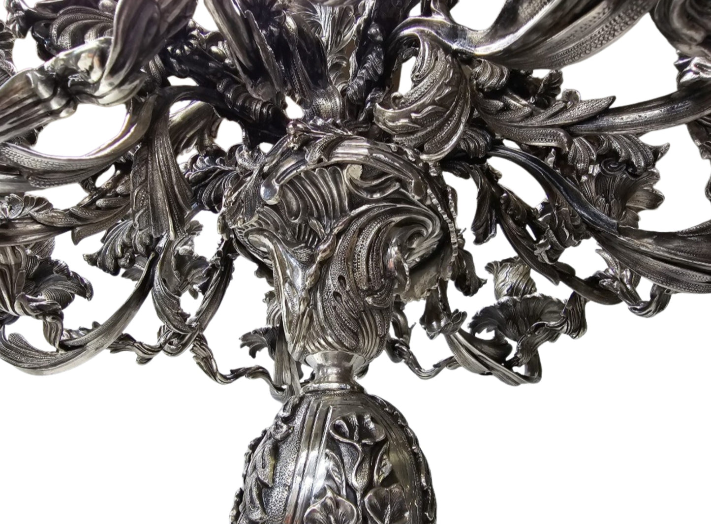 Sterling silver central column detail with floral engraving Rococo candelabra handmade sculpture