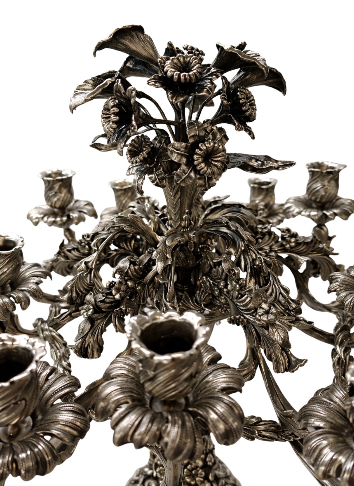 Sterling silver floral bouquet detail handcrafted candelabra Rococo style with lilies and blossoms