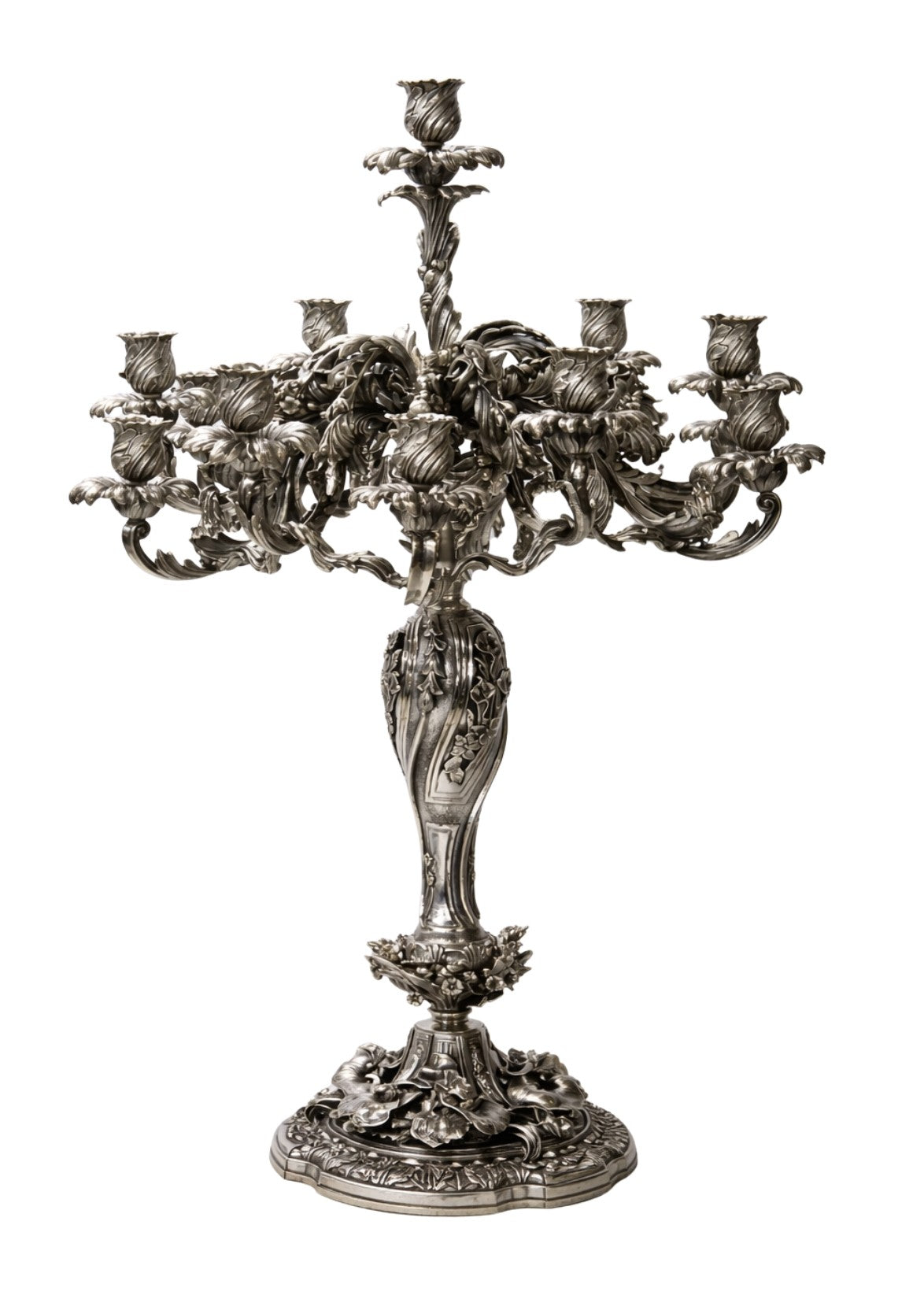 Large sterling silver candelabra front view Rococo floral design handmade luxury centerpiece 80 cm