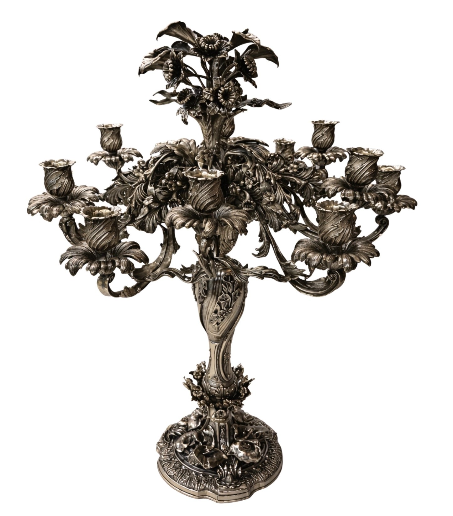 Handmade sterling silver candelabra Imperial Bloom Rococo style large sculptural centerpiece by Konforti Jewelry