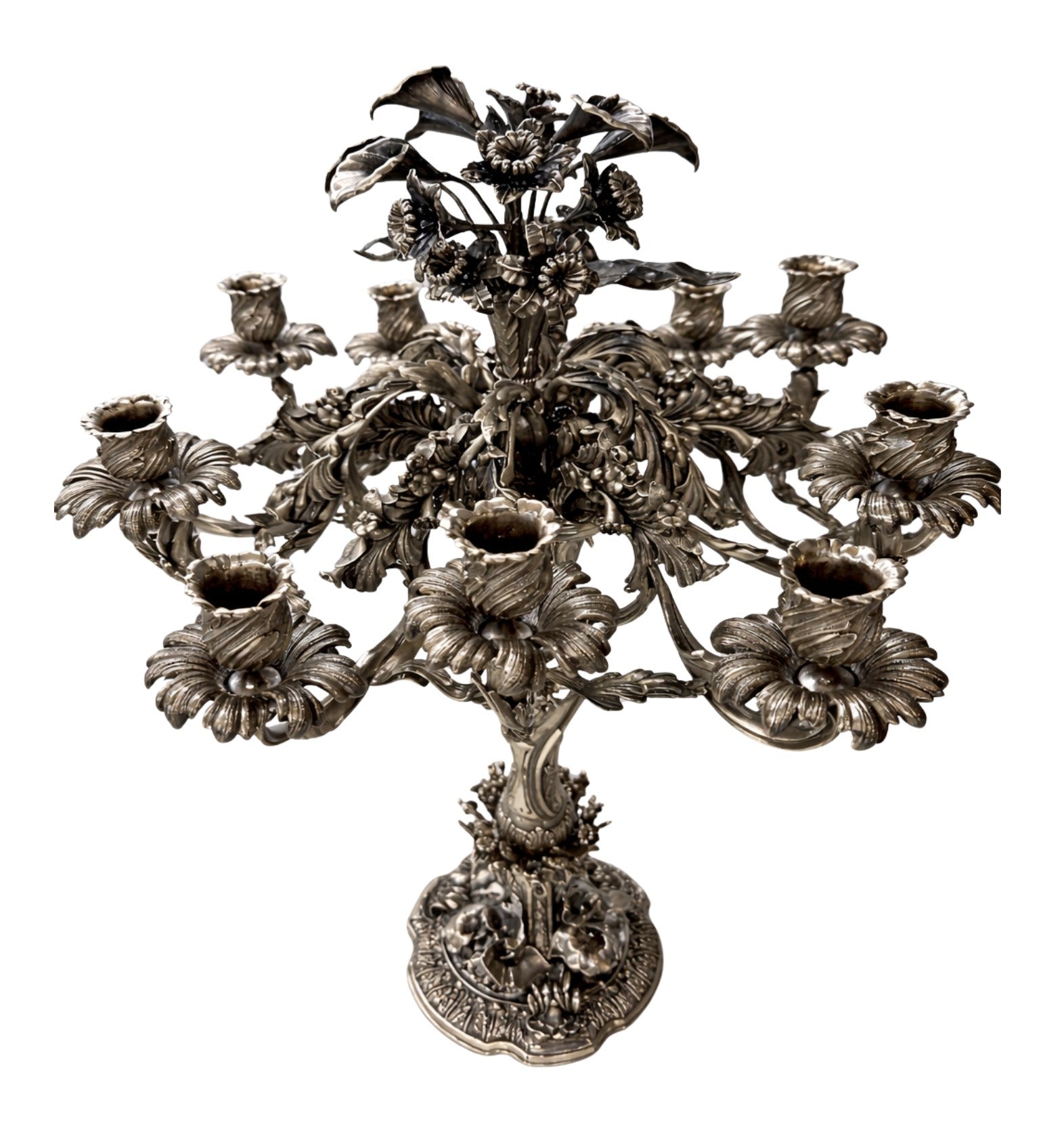 Top view sterling silver candelabra with multiple candle arms floral Rococo design handmade luxury object