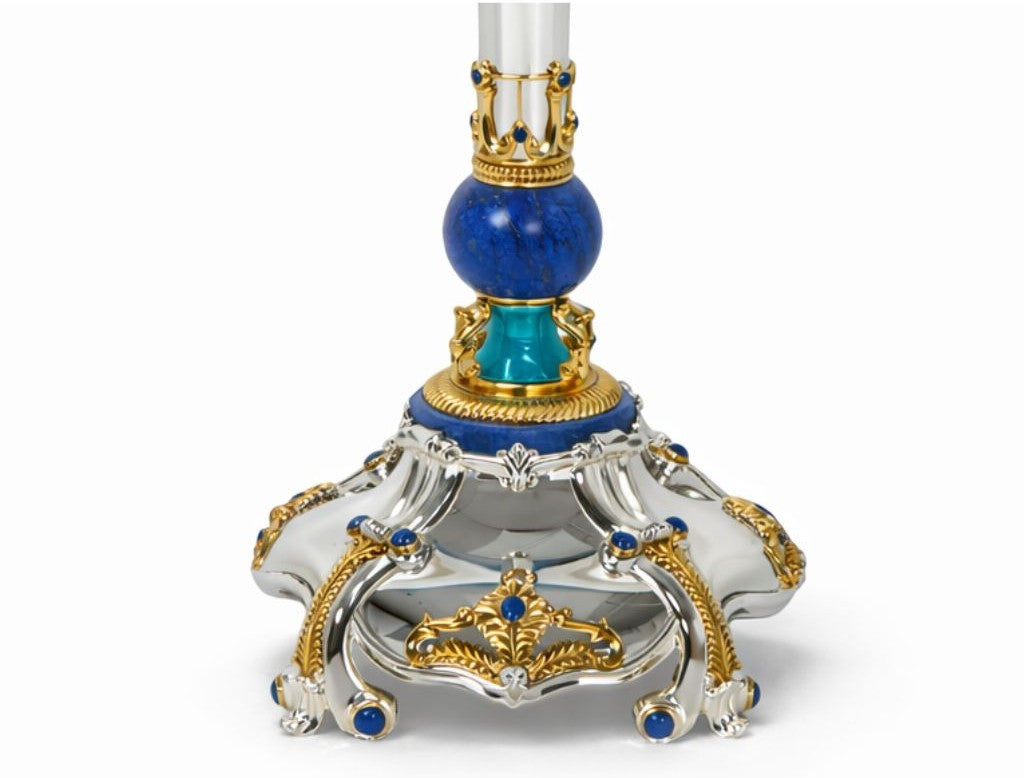 Handcrafted solid silver candelabrum base with carved lapis lazuli, 24k gold gilded ornament and imperial style detailing
