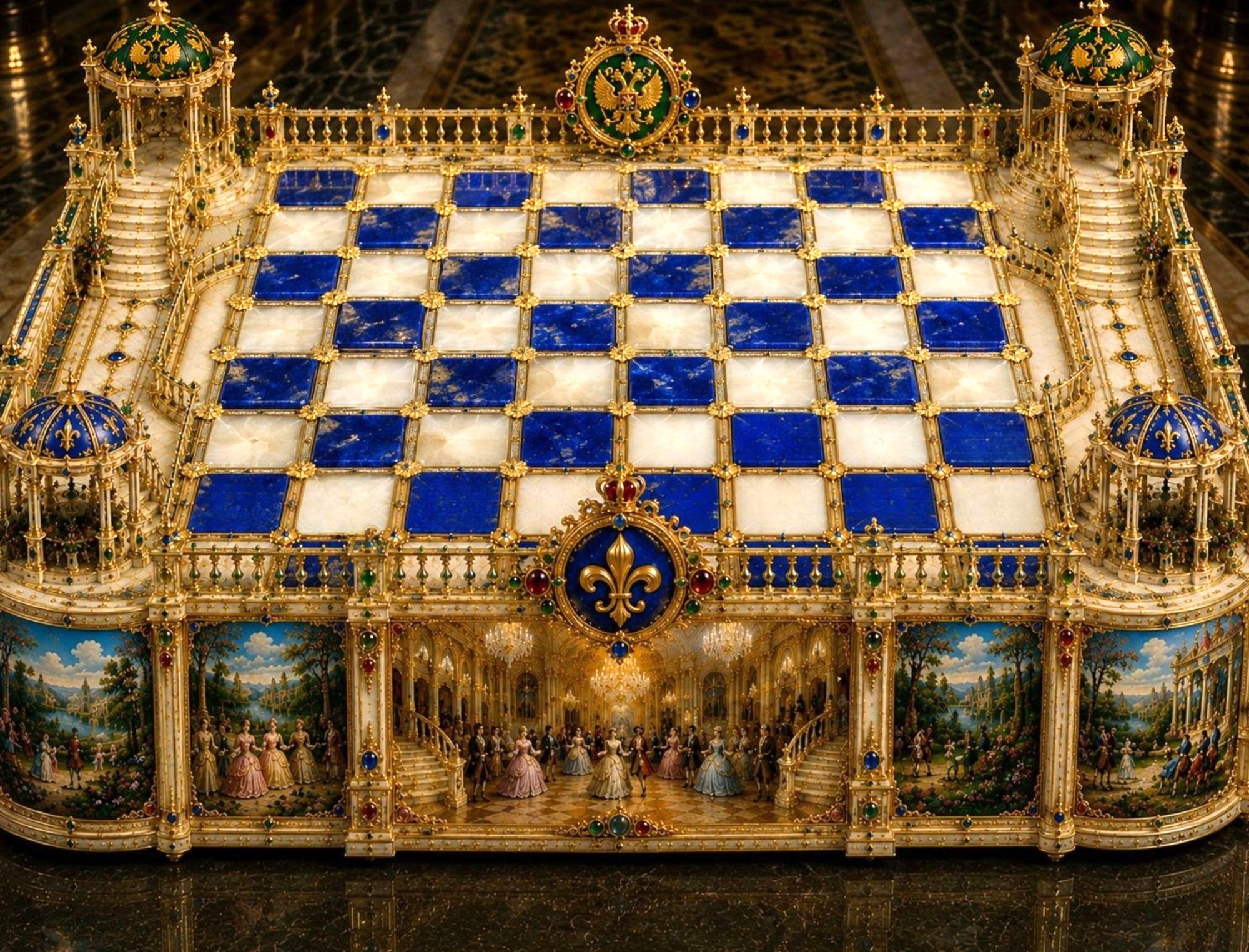 The Ball War of Luxury and Fashion luxury chess set inspired by Marie Antoinette and Catherine the Great with palace architecture and gemstone chessb