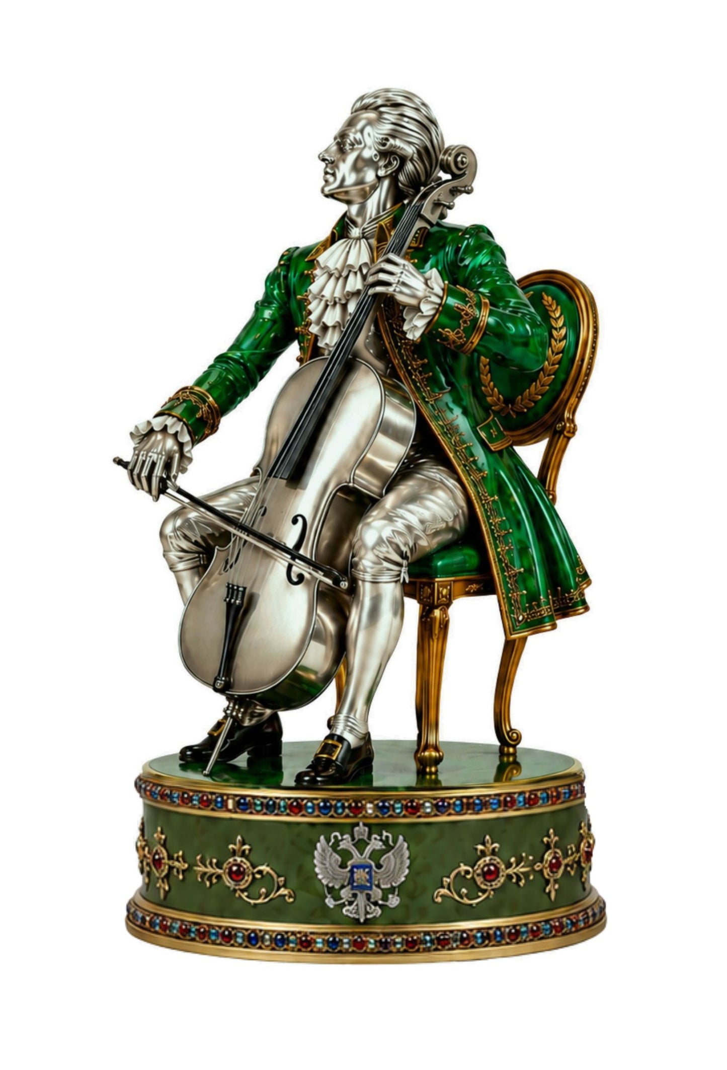 Russian imperial court cellist chess piece handcrafted in silver, green enamel and gold, representing the musical culture of Catherine the Great's court