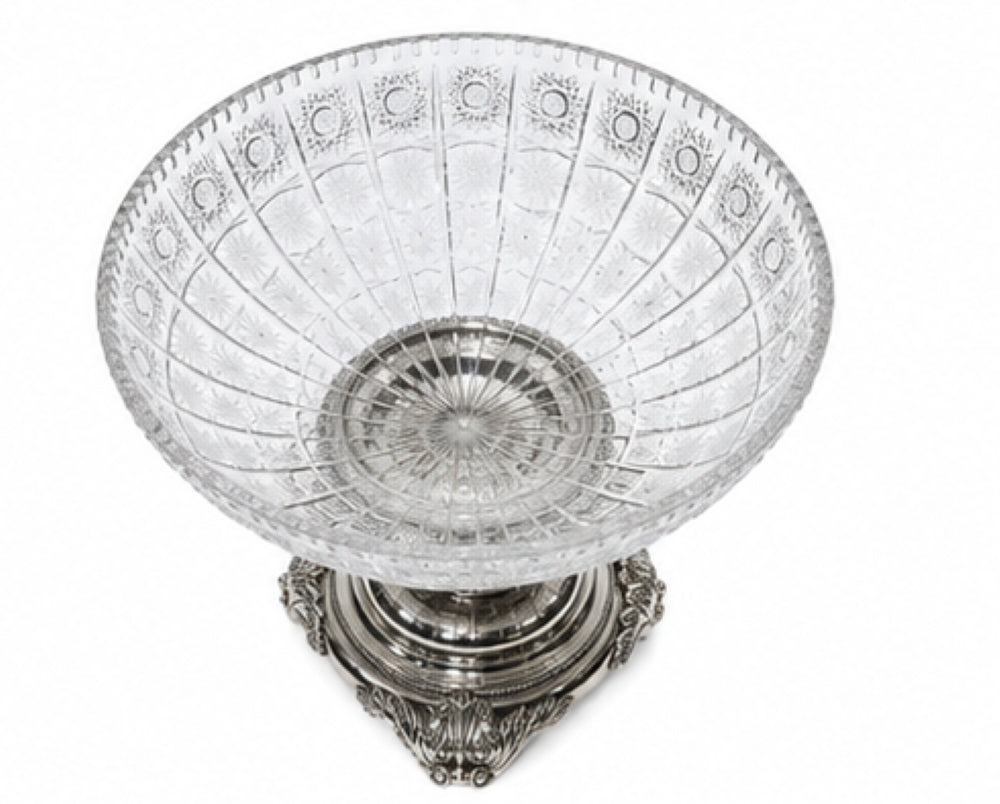 Overhead view of Fabergé-style crystal centerpiece vase showcasing intricate hand-cut crystal patterns and silver decorative base.