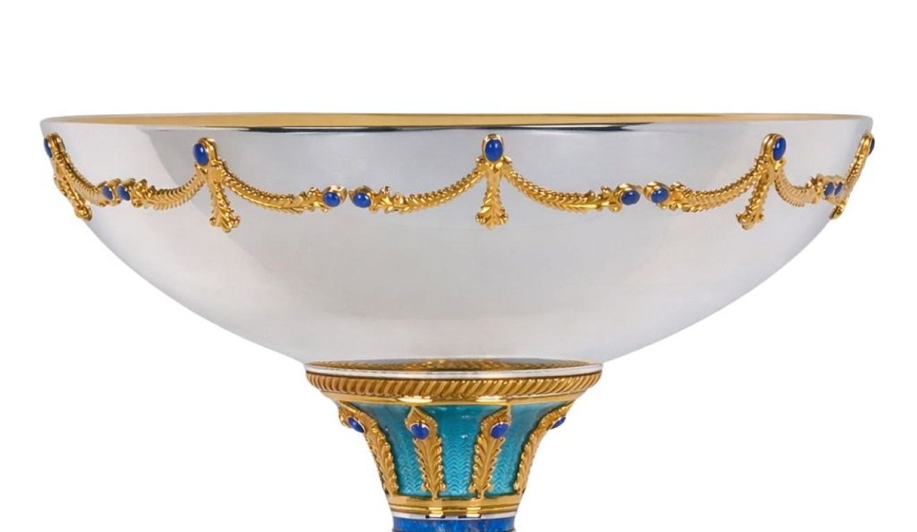 Detail of gilded garland with lapis lazuli on handcrafted Imperial solid silver fruit bowl