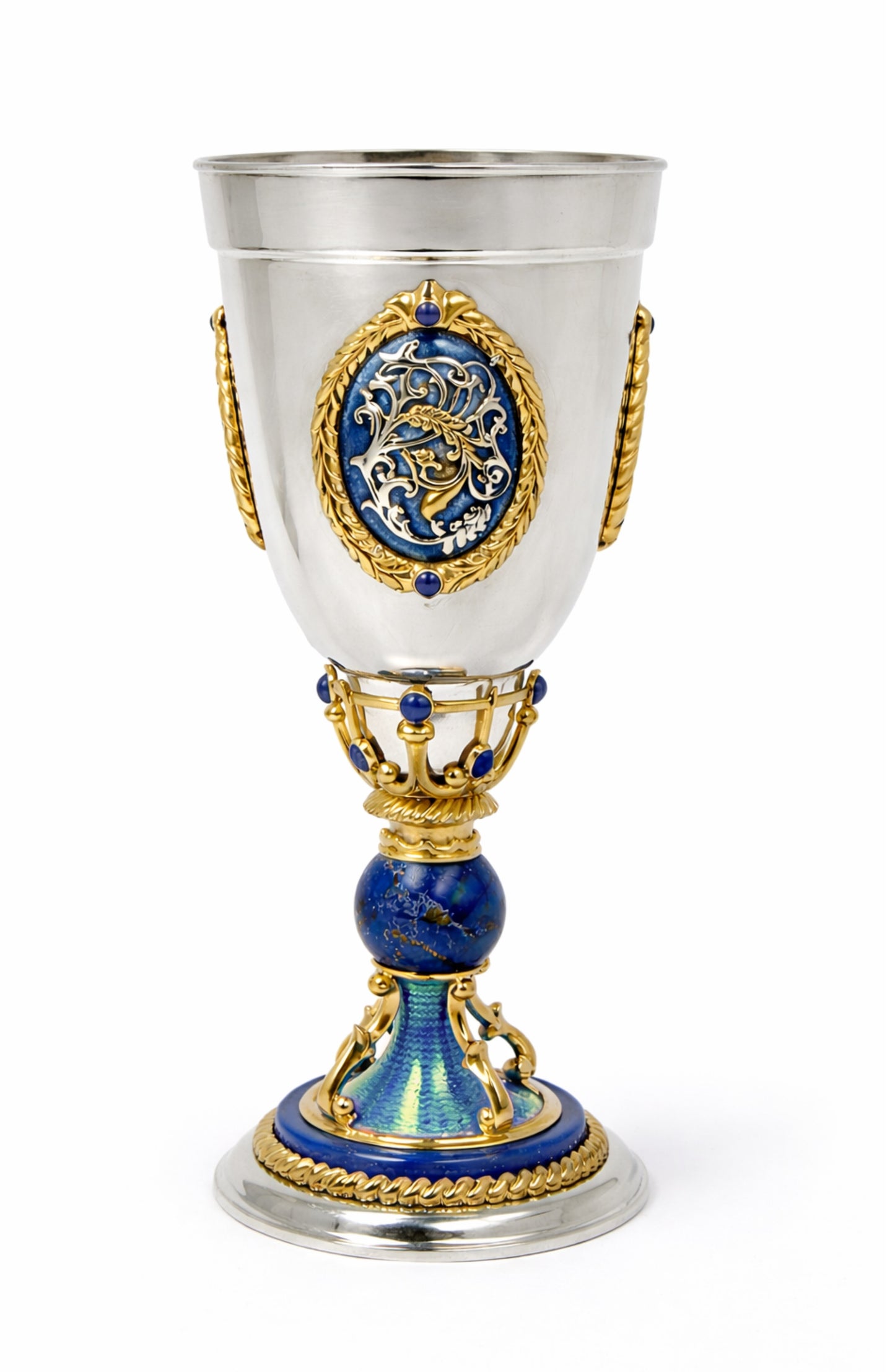 Swan Sky Imperial goblet handcrafted in solid silver with 24k gold gilding, lapis lazuli and guilloché enamel by Konforti Jewelry
