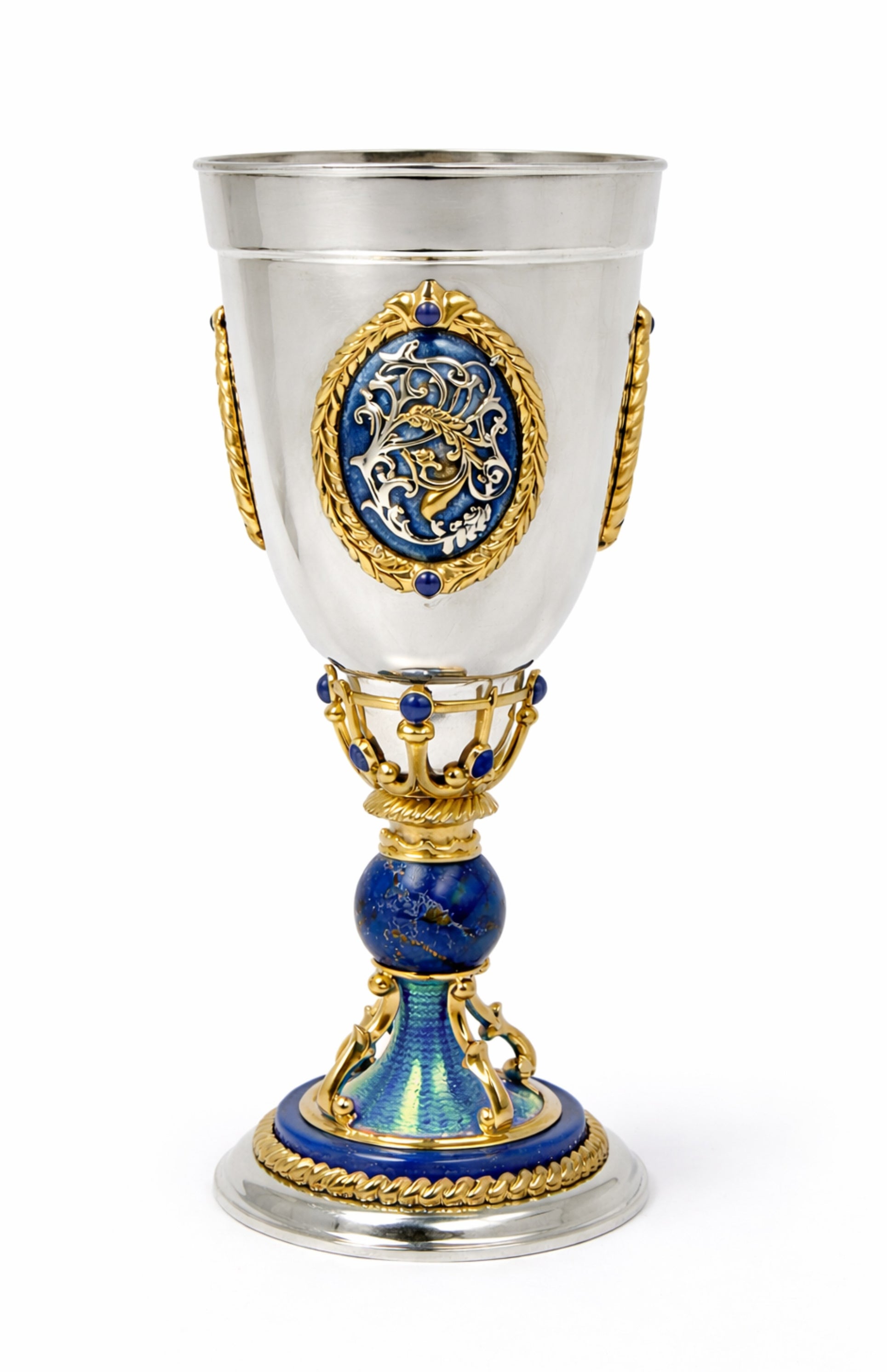 Swan Sky Imperial goblet handcrafted in solid silver with 24k gold gilding, lapis lazuli and guilloché enamel by Konforti Jewelry