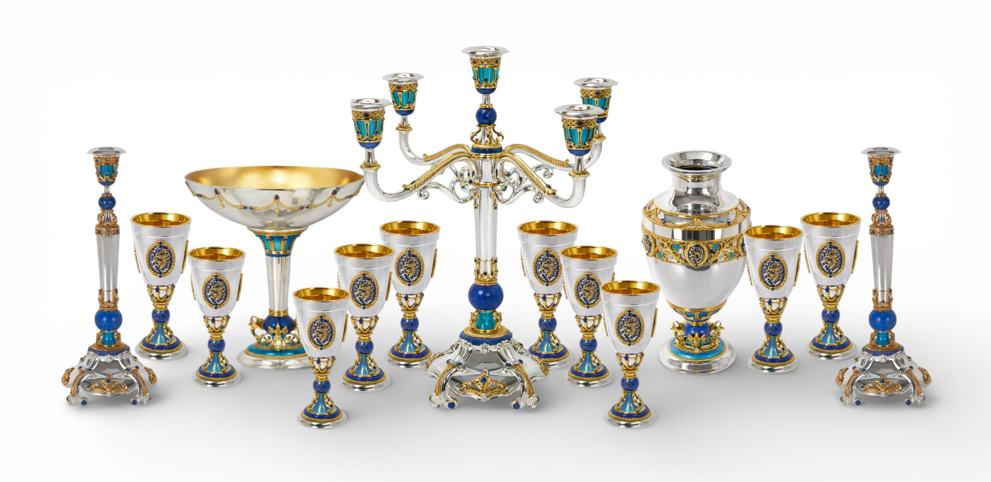 Swan Sky imperial garniture set in solid silver with lapis lazuli and enamel including monumental candelabrum and goblets by Konforti