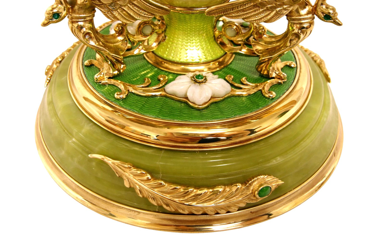 Jade base with guilloché enamel and gold-plated sterling silver ornamental detailing