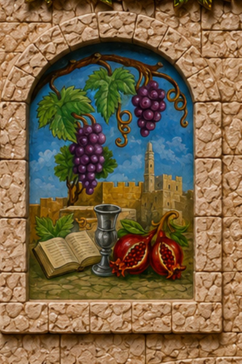A decorative arched mural or tile panel showing purple grapes, an open book, a silver goblet, and pomegranates in front of a stone wall and tower under a blue sky. The panel is set within a tan stone-brick border.