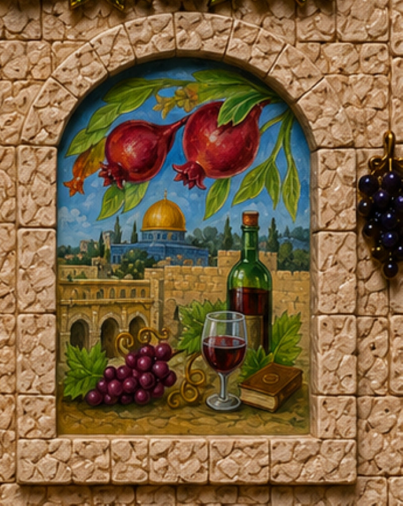 A decorative arched mural or tile panel showing a painted Jerusalem scene with the Dome of the Rock, pomegranates, grapes, a wine bottle, a glass of red wine, and a book, set against a beige stone-textured background.