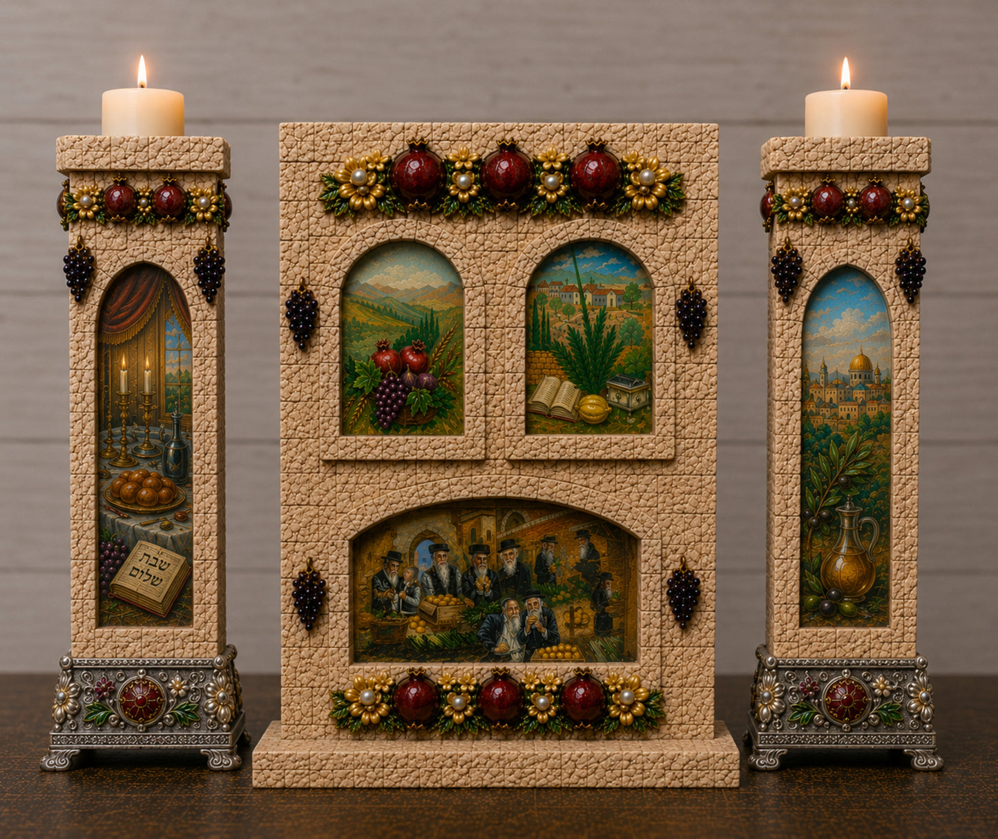 A decorative three-piece Judaica set featuring a central Passover Seder plaque flanked by two matching candle holders, all with detailed painted scenes, grapes, and lit candles on a dark wooden surface against a gray wall.