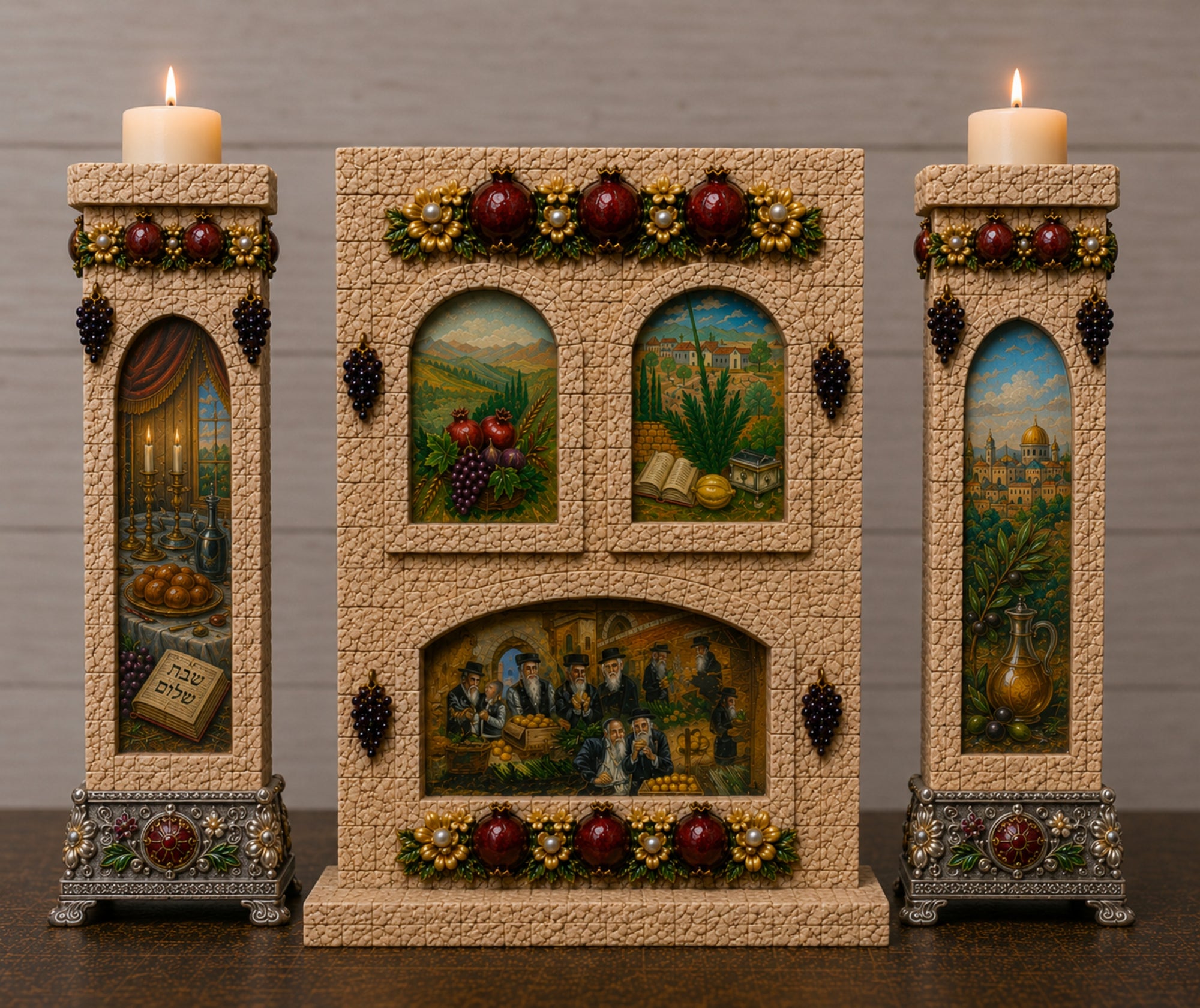 A decorative three-piece Judaica set featuring a central Passover Seder plaque flanked by two matching candle holders, all with detailed painted scenes, grapes, and lit candles on a dark wooden surface against a gray wall.