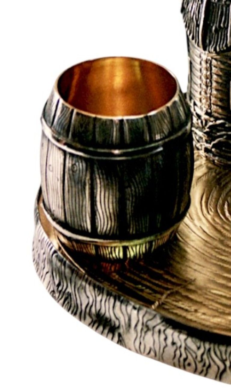 Close-up of the Kiddush cup shaped as a wooden barrel in sterling silver and 24K gold, inspired by traditional shtetl village life