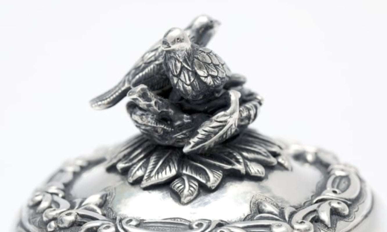 Kiddush cup lid top detail birds nesting sculpture sterling silver symbolic family motif