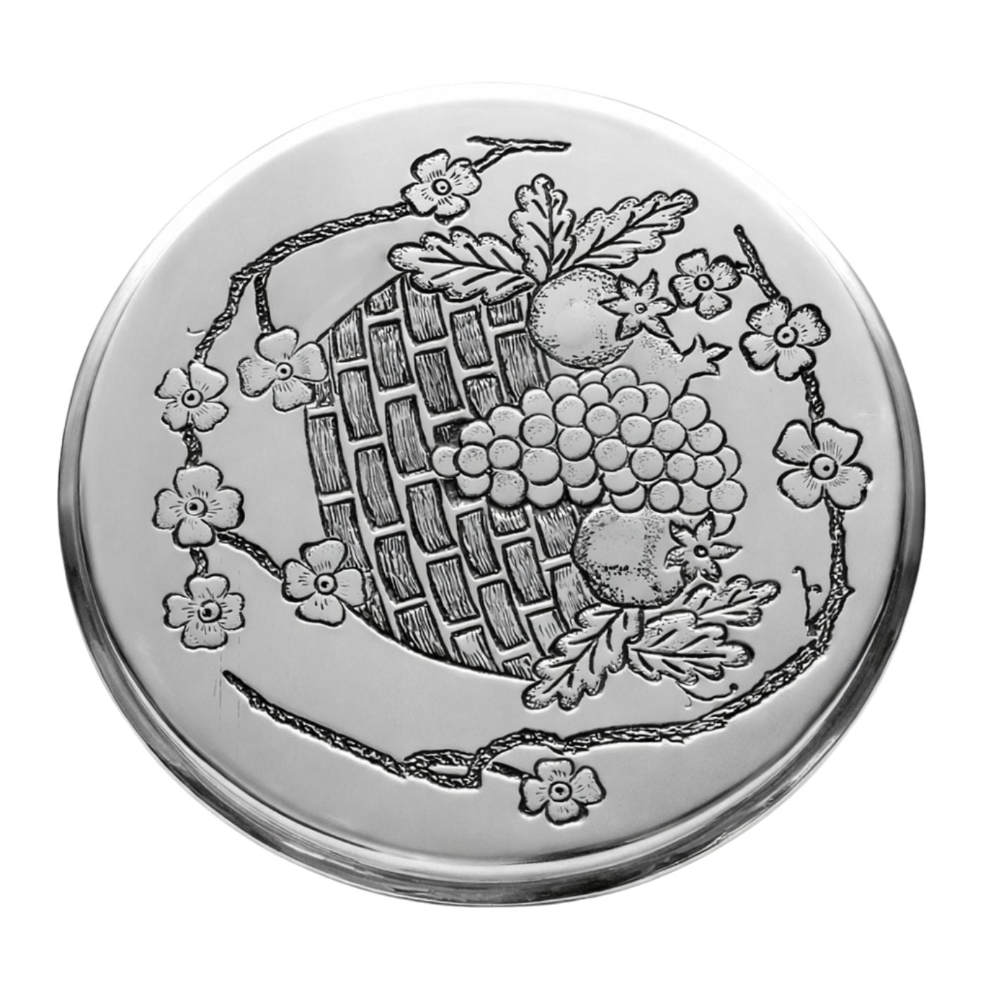Kiddush cup lid underside engraving fruit basket with pomegranates and grapes Judaica symbolism