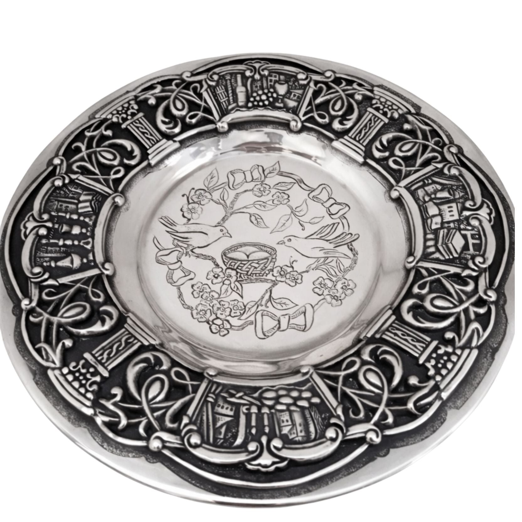 Kiddush plate center birds nesting with eggs sterling silver family symbolism detail