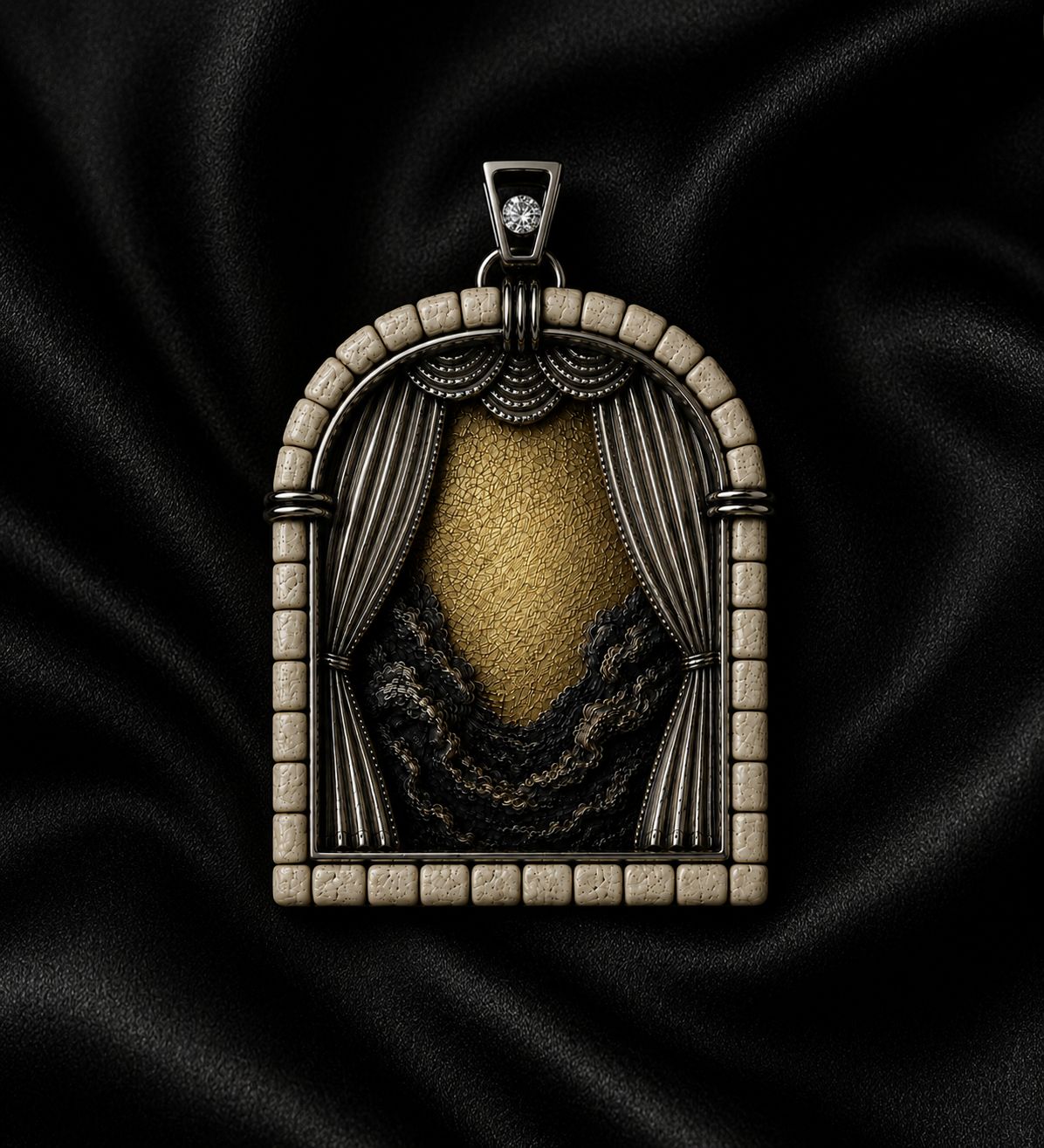 Museum-quality First Day of Creation pendant displayed on black fabric, crafted from Jerusalem stone, sterling silver, 24K gold gilding, and a round diamond, depicting light emerging from darkness.