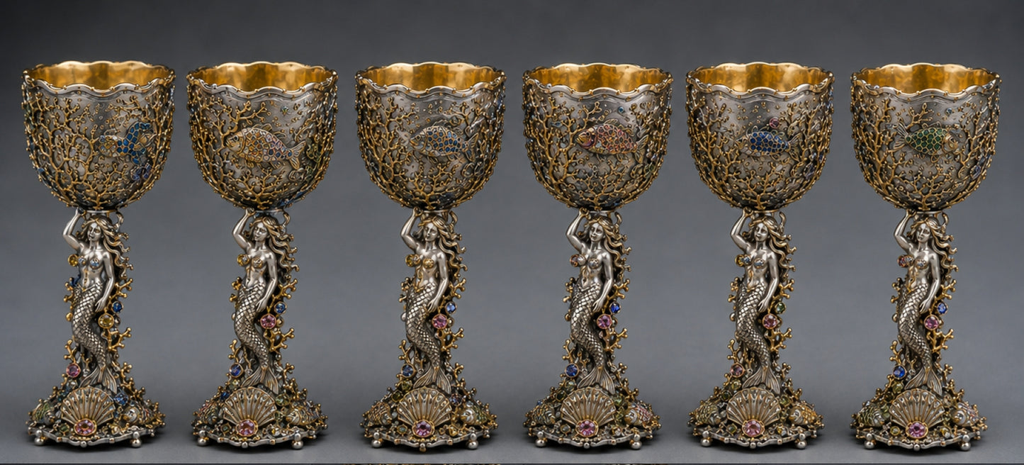 Set of six Konforti sterling silver mermaid champagne goblets with 24K gold, hot enamel fish and gemstones
