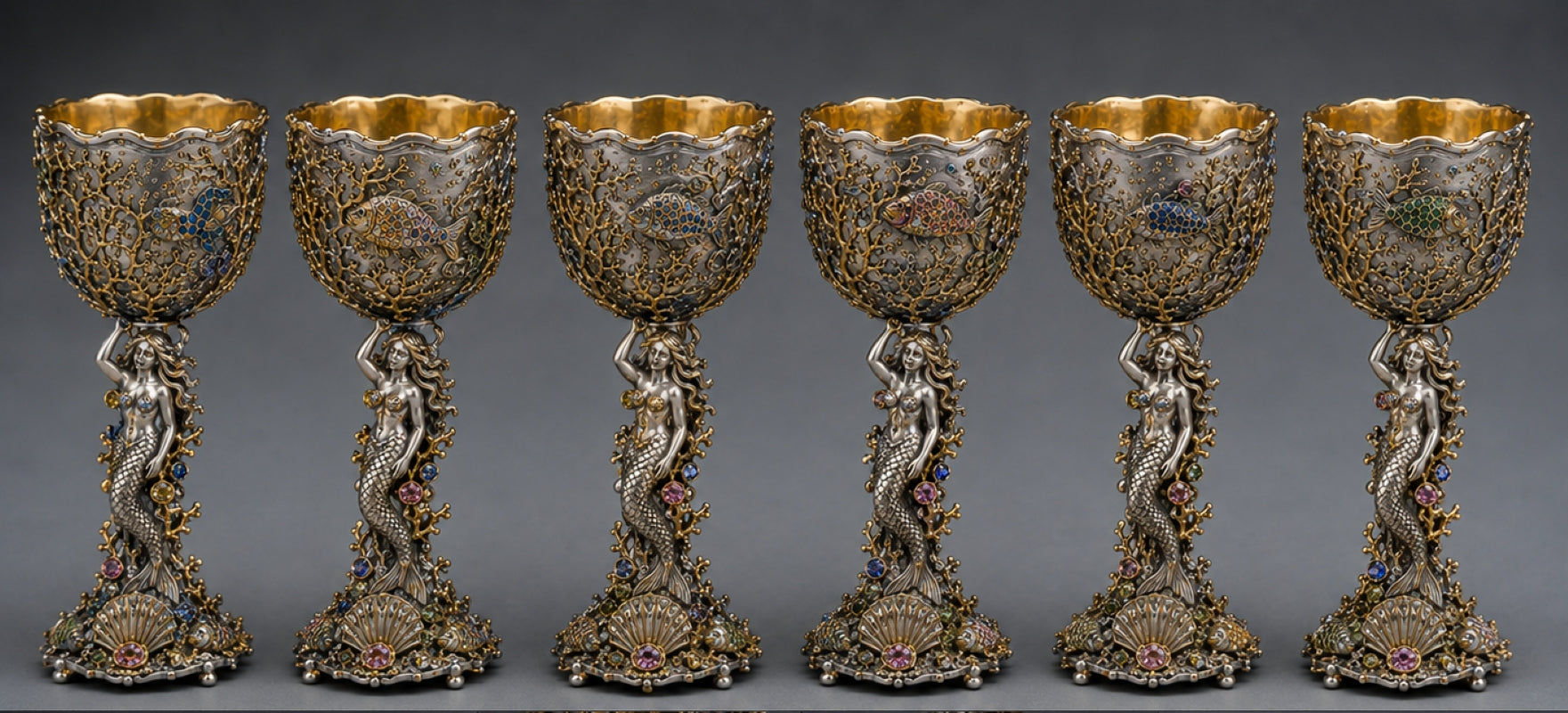 Set of six Konforti sterling silver mermaid champagne goblets with 24K gold, hot enamel fish and gemstones