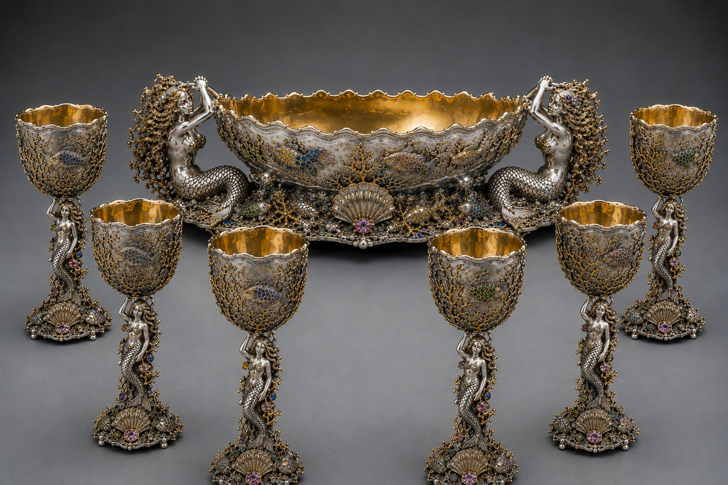 Kingdom of the Sea sterling silver champagne cooler with six matching mermaid goblets, 24K gold, enamel and gemstones