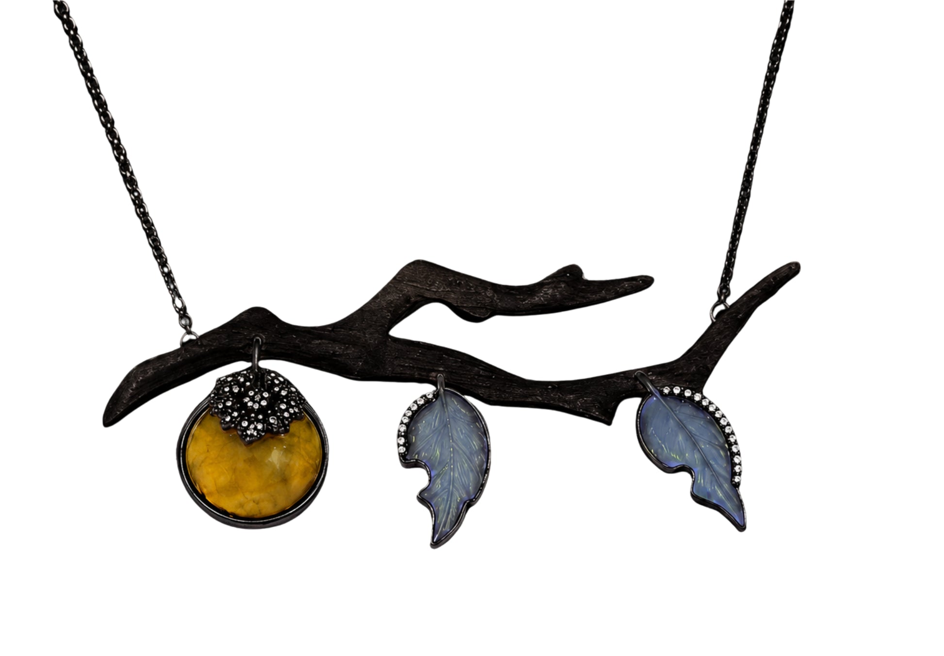 Handcrafted persimmon branch pendant featuring golden lepidolite fruit, angelite leaves, diamonds, ebony wood, and black rhodium 18K white gold by Konforti Atelier.