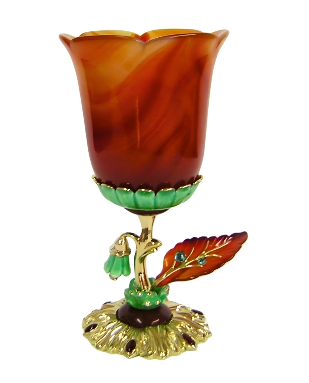 Royal Bouquet 18K yellow gold goblet with carved red agate cup, blue topaz set agate leaf, diamond set green stem flower and red carnelian base