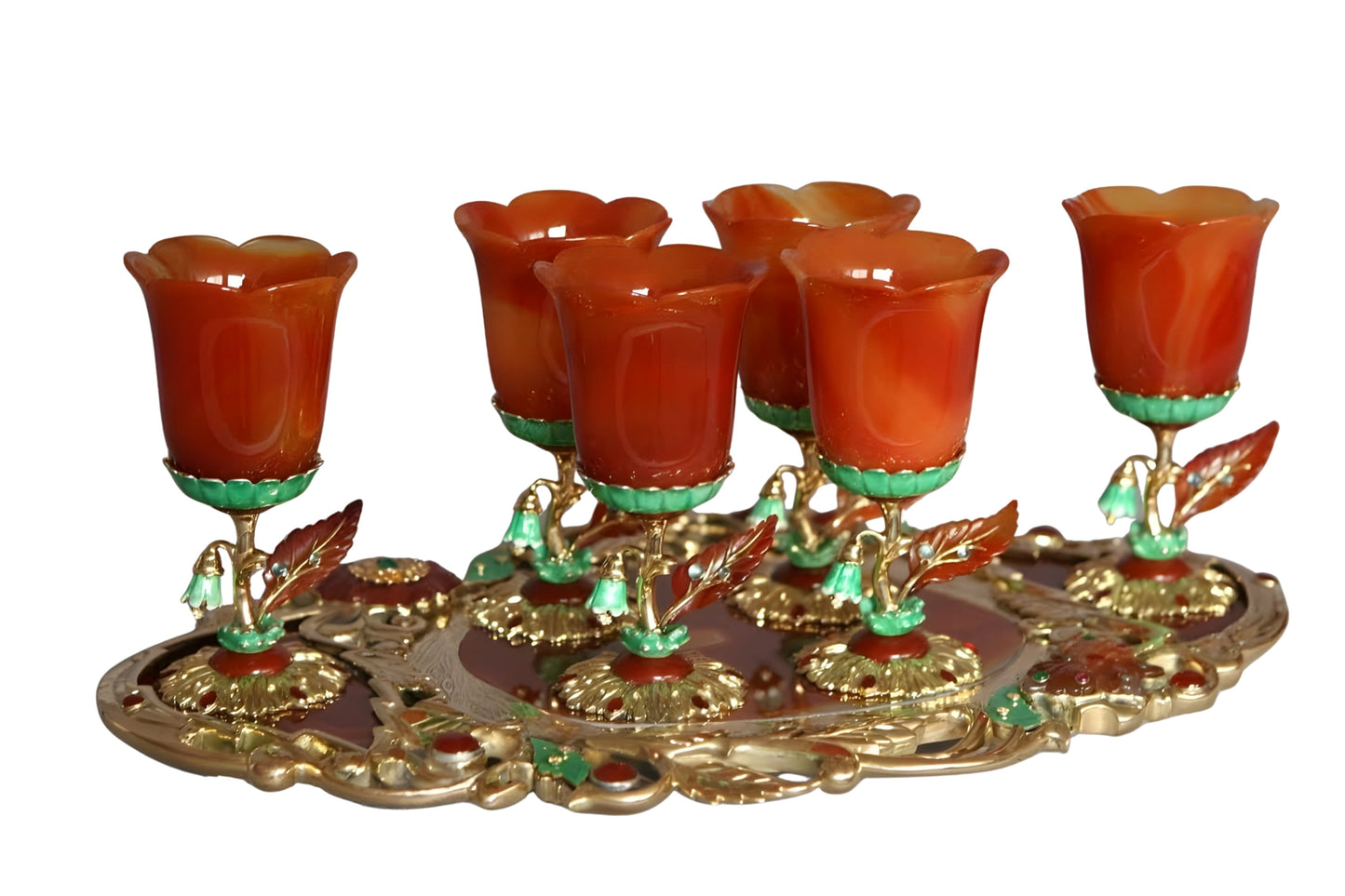 Royal Bouquet 18K gold tray with six hand-carved red agate goblets, set with blue topaz leaves, red carnelian bases, emerald accents and hot enamel by Konforti Jewelry
