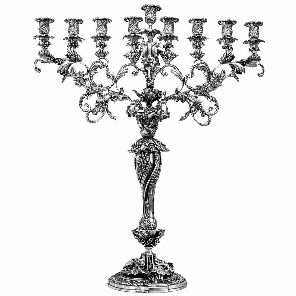 Luxury sterling silver menorah "Royal Lilly Garden" by Konforti, handcrafted Judaica sculpture with intricate floral branches, high relief detailing, and museum quality silversmithing