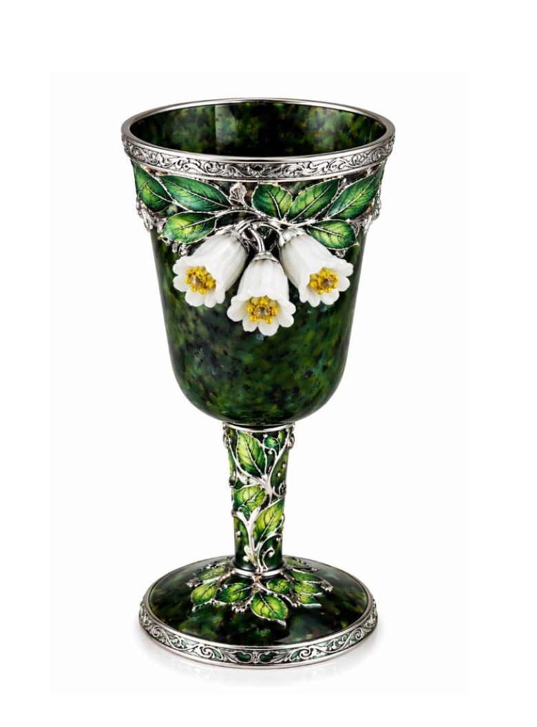 Nephrite goblet with hand carved jade bluebell flowers, enamel leaves and silver setting with yellow sapphire centers