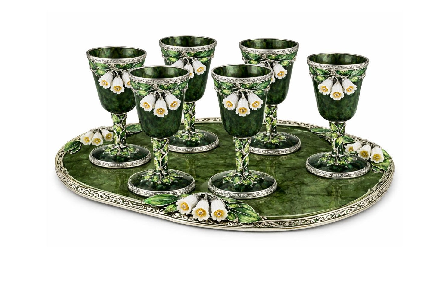 White Bluebell Garden goblet and tray set in carved nephrite with jade flowers, enamel leaves and silver detailing