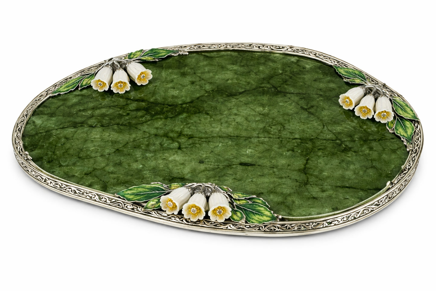 Oval nephrite tray with jade bluebell flowers, enamel leaves and silver decorative border from White Bluebell Garden set