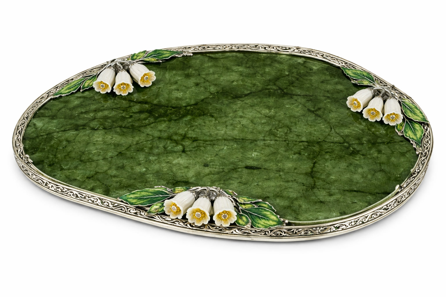 Oval nephrite tray with jade bluebell flowers, enamel leaves and silver decorative border from White Bluebell Garden set