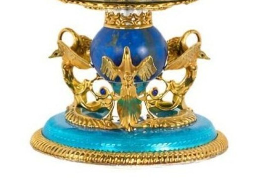 Lapis lazuli pedestal with sculptural gilt swans supporting sterling silver centerpiece bowl, imperial style design