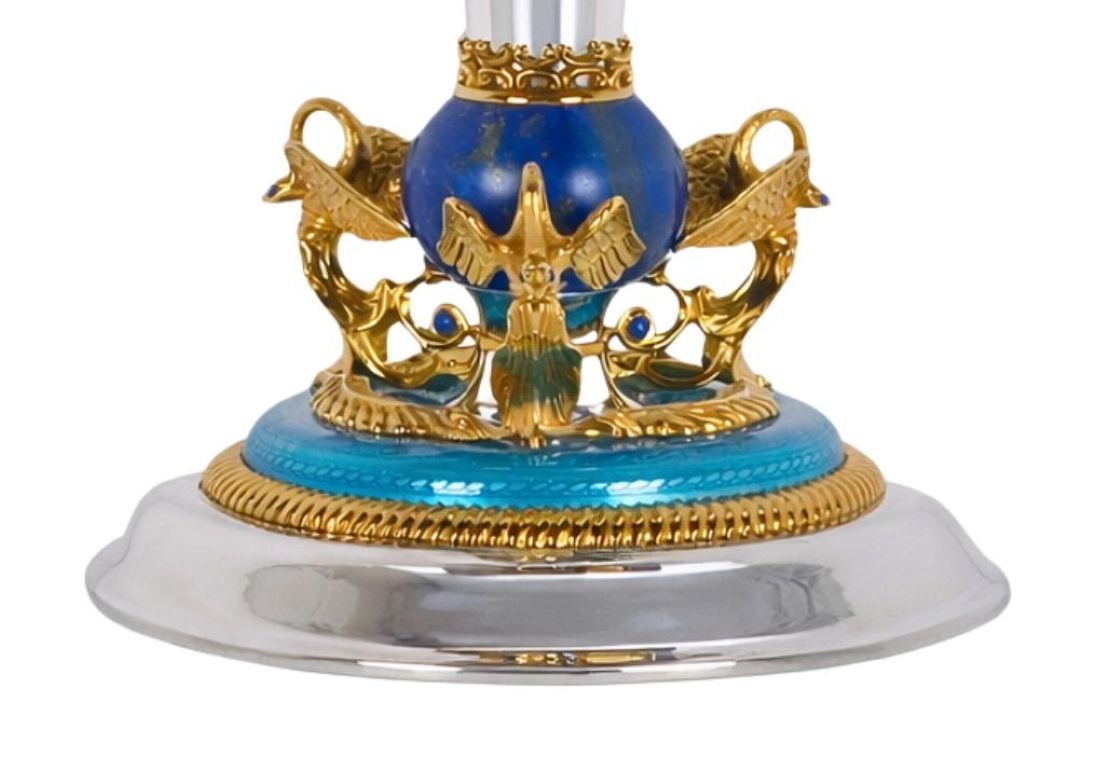 Sculptural swan base with carved lapis lazuli supporting Imperial solid silver fruit bowl