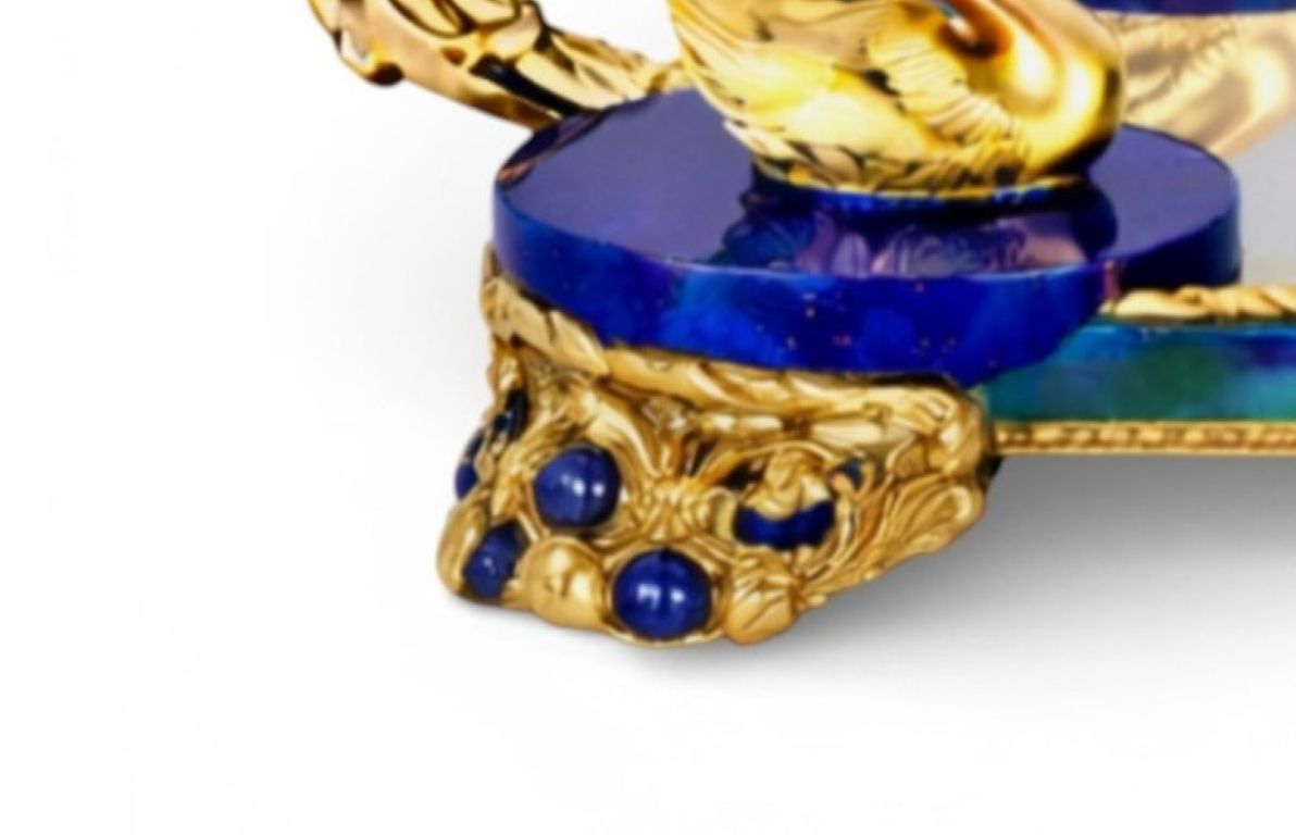 Carved lapis lazuli base with sculptural gilded swans supporting Imperial solid silver serving tray