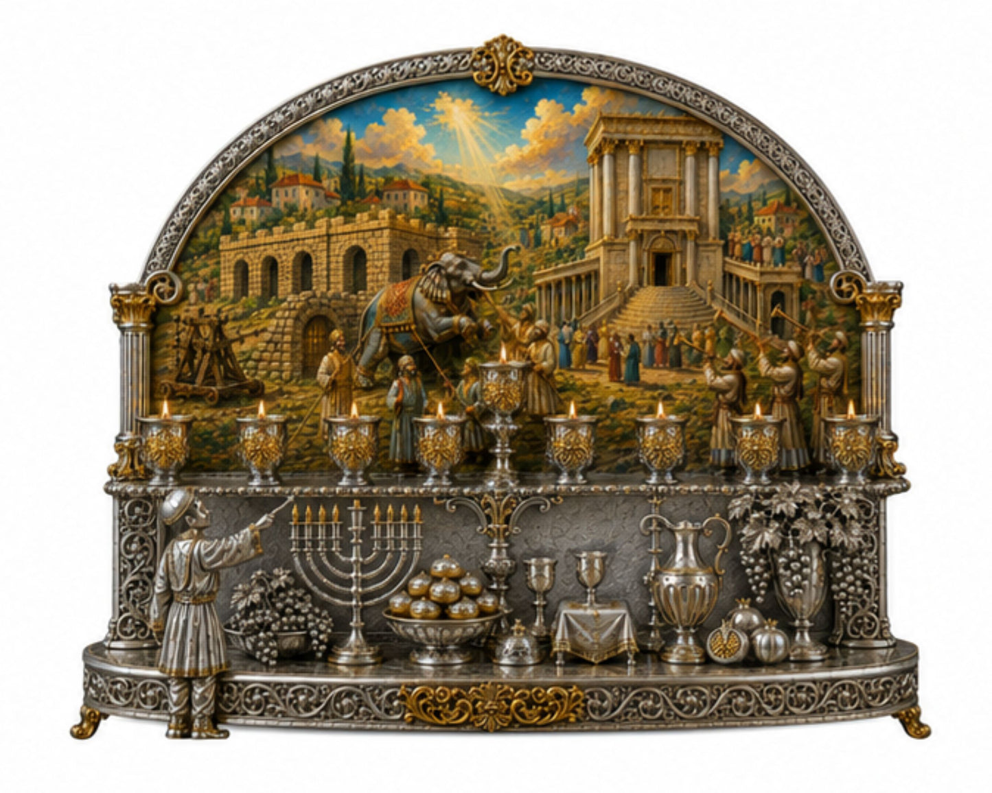 Legacy of Light sterling silver Hanukkah menorah with 24K gold details and Maccabean Revolt oil painting