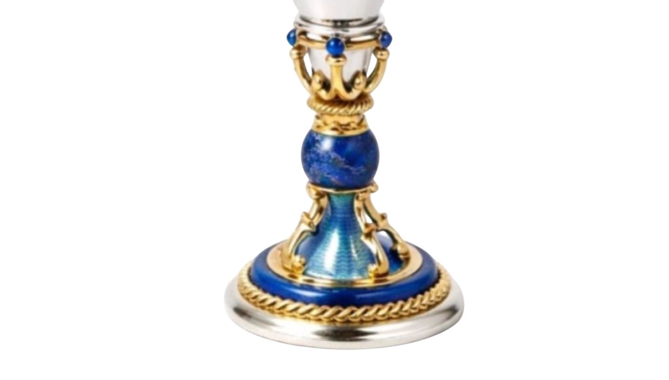 Close-up of liqueur cup base with lapis lazuli, blue guilloché enamel and gold vermeil detailing in sterling silver