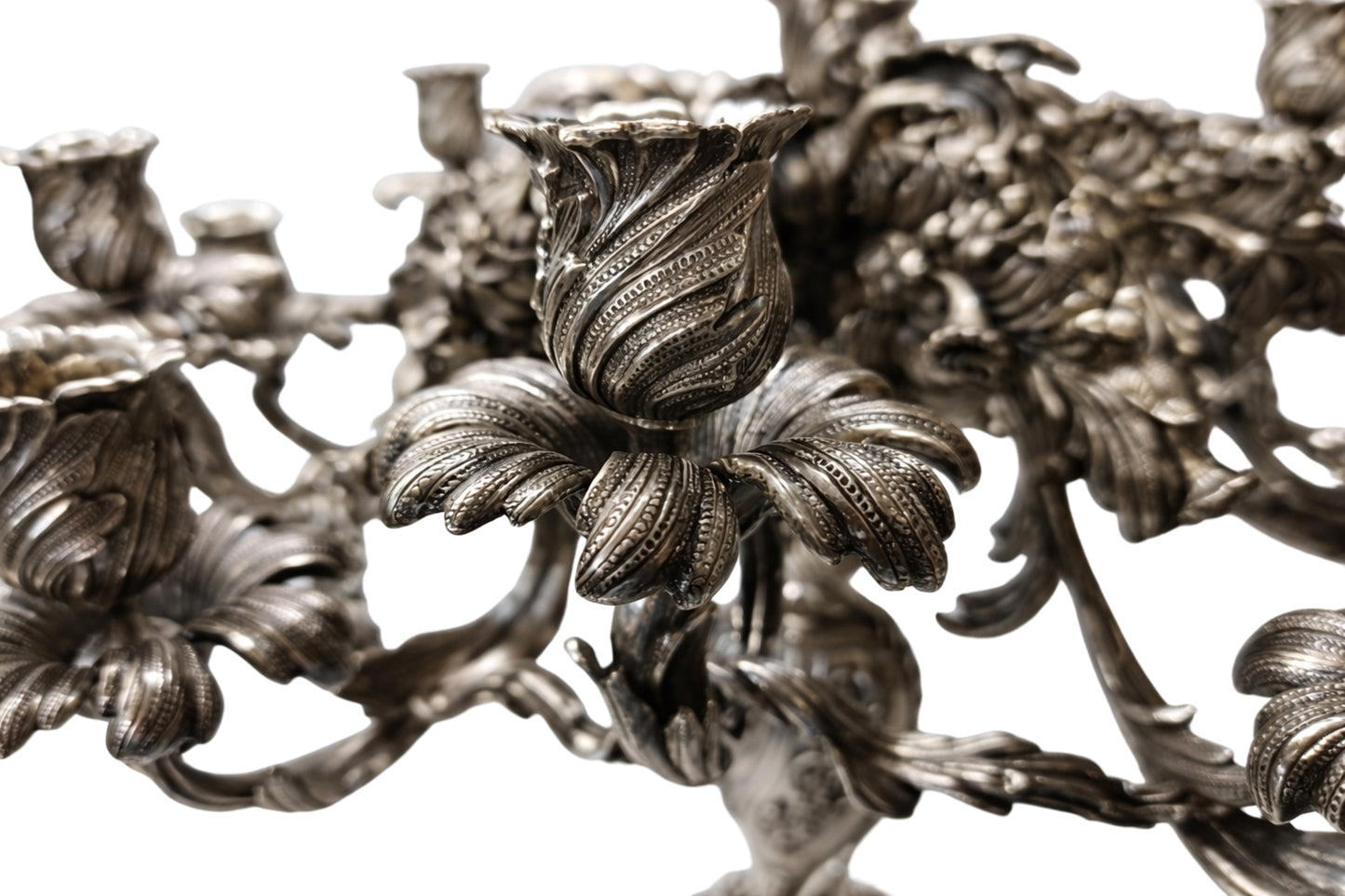 Sterling silver candelabra branching arms detail Rococo flowing design handcrafted centerpiece