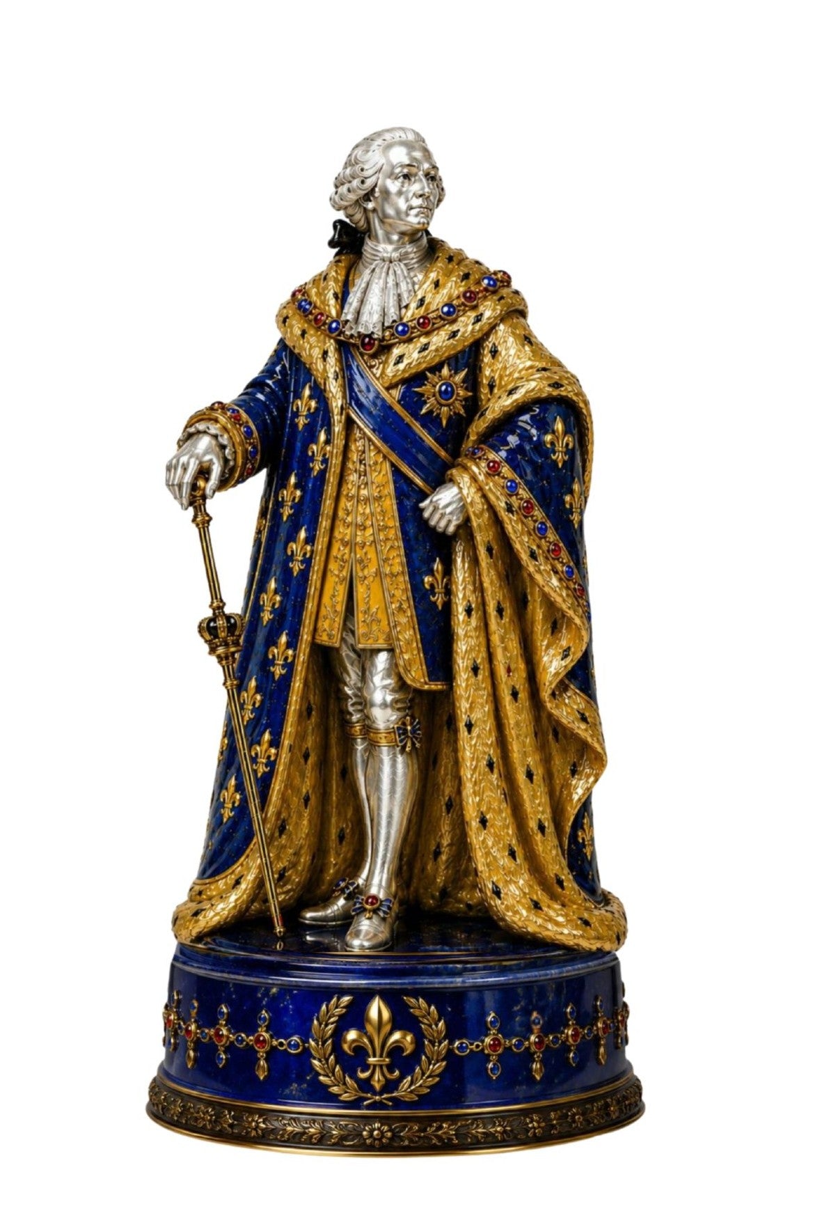 King Louis XVI chess king piece handcrafted in silver, blue enamel and gold vermeil with gemstone accents
