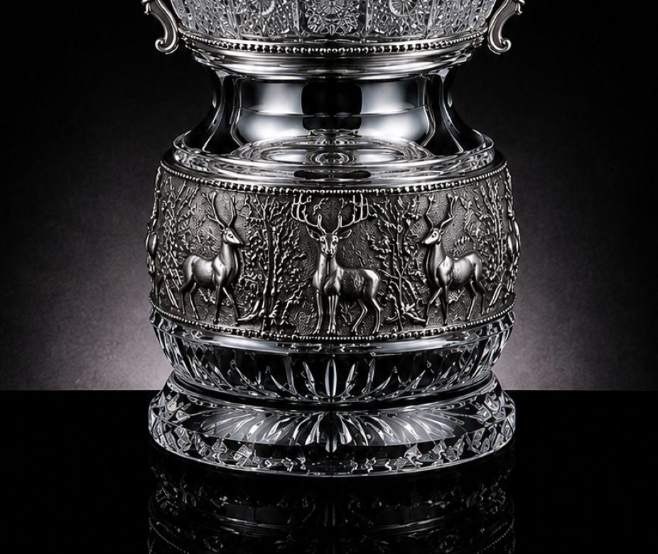 A highly detailed silver-toned crystal or glass vase with embossed relief carvings of deer in a forest, set against a dark reflective background.