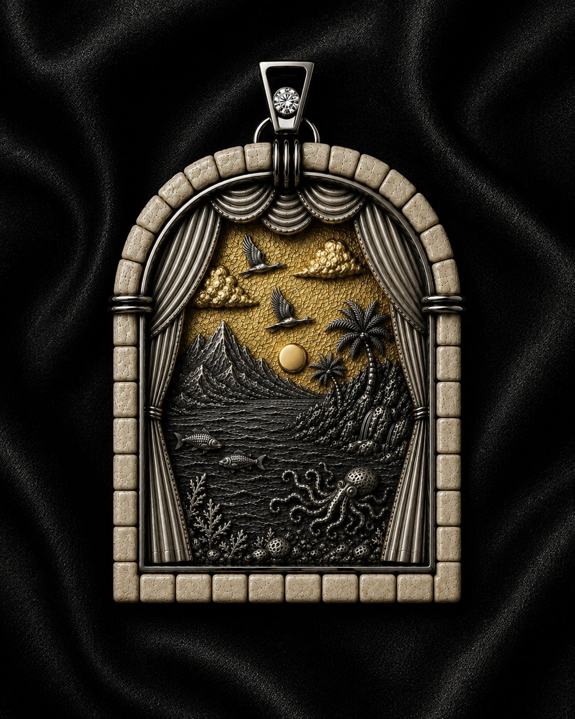 Museum-quality Fifth Day of Creation pendant in sterling silver and 24K gold with diamond and Jerusalem stone, depicting birds, fish and marine life.